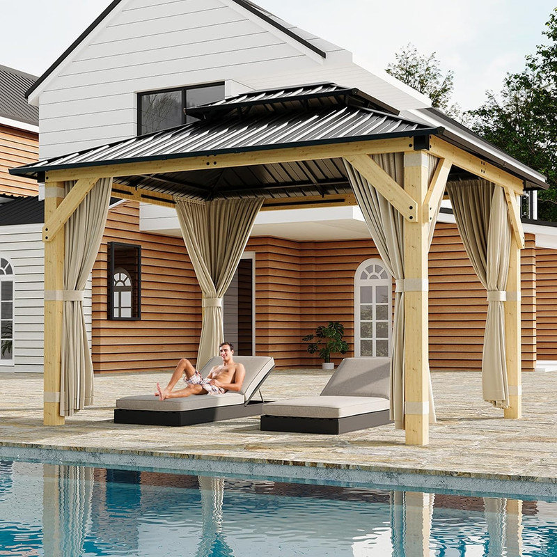 10'x12' Wooden Patio Gazebo with Solid Spruce Frame, Aluminum Double Roof & Netting