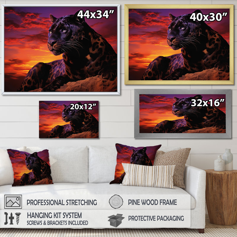 Orange panthère mauve contre l'horizon I, H 24 po x l 32 po x P 1 po, Cadre doré simple