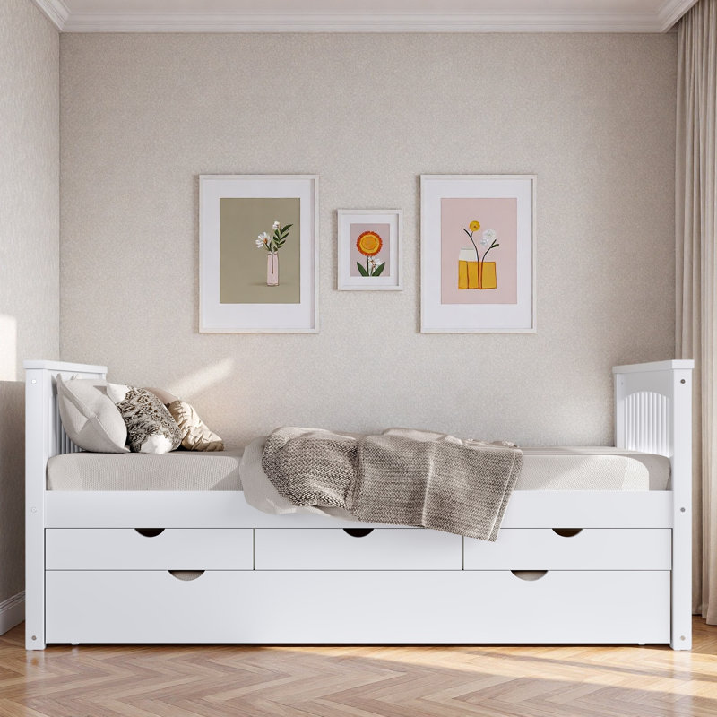 Lit plateforme avec 3 tiroirs et lit gigogne, Blanc
