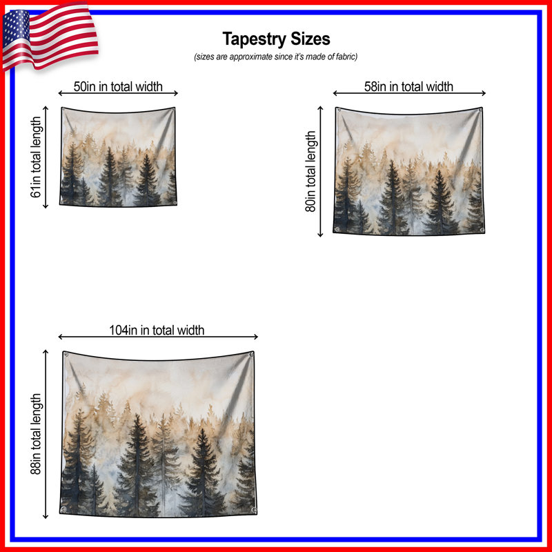 Misty Forest Landscape Wall Tapestry - Forest Wall Decor, 68in H x80in W with 4 Grommets