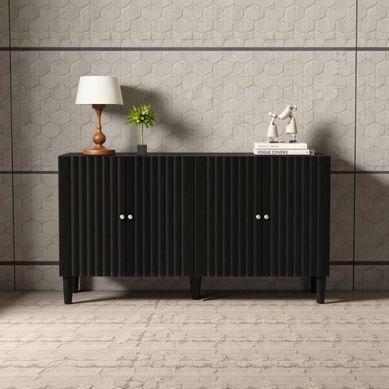 Buffet noir moderne de 58 pouces de large avec portes à motif ondulé, armoire de rangement de 32 po de hauteur avec tablettes réglables et poignées en métal, noir