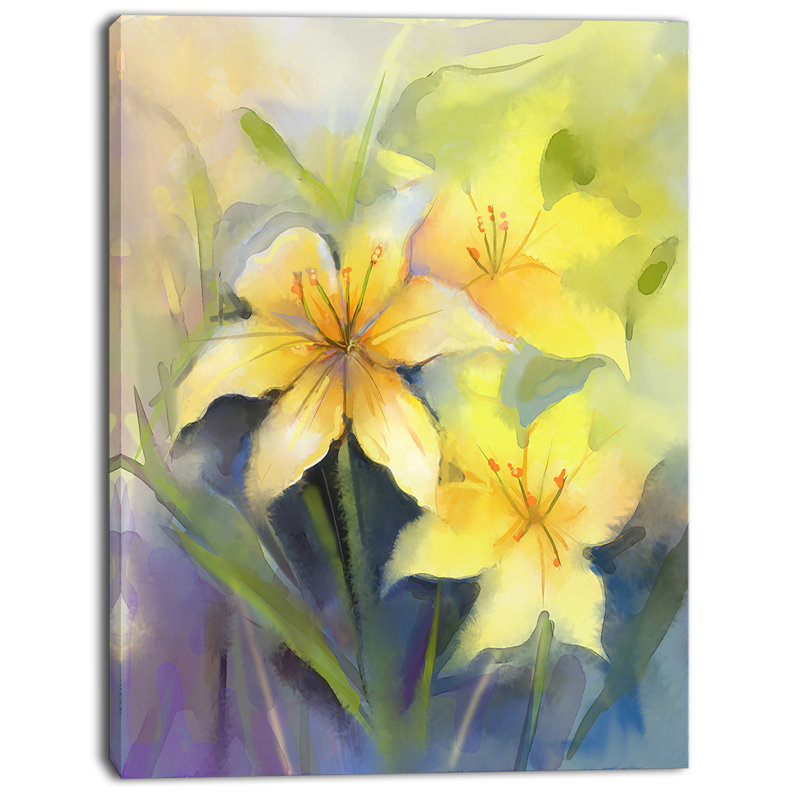« aquarelle painting yellow lily fleur », reproduction d’art sur toile tendue, H 40 po x l 30 po x P 1 po