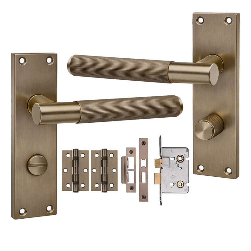 Golden Grace 1 Pair Victorian T-Bar Linear Design Bathroom Door Handle Satin Brass Metal Tubular Latch and Mortise Lock Set with Fixing Screws - 150mm x 40mm