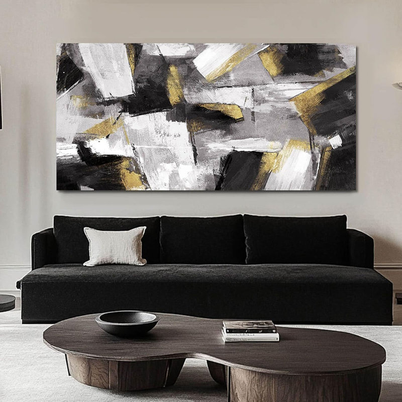 Toile noire et dorée, art mural moderne pour salon, peinture murale abstraite, 24 x 48 pouces, œuvre d'art suspendue au bureau