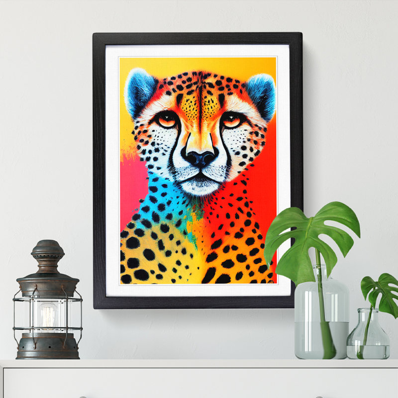 Cheetah Crayon Art - Picture Frame Print, 34cm H x 25cm W, Oak Framed