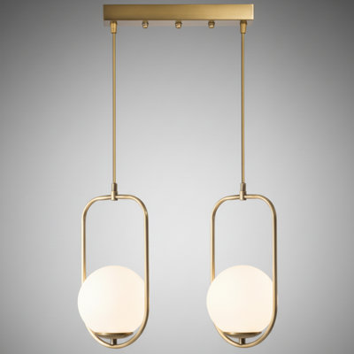 Adjsutable Height 2-Light Modern Globe Kitchen Island Pendant Light – Oven Dried Finish With Amber/White Glass Shades