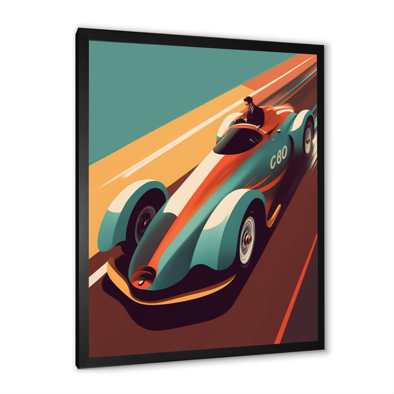 Voiture de course rétro bleue - reproduction sur toile, Toile avec cadre photo noir, H 20 po x l 12 po x P 1 po
