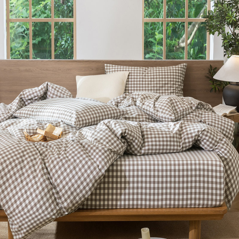 Ensemble de housse de couette 100% coton lavé MooMee Gingham, Brun, Housse de couette pour lit simple + 1 taie d'oreil