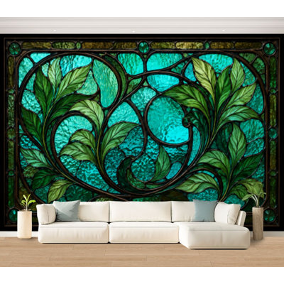 Wall Mural Peel and Stick Wallpaper Stained Glass effect leaves boho mexican Self-Adhesive Removable Contact Paper Wall Decor for Living Room Bedroom 100"H x 144"W