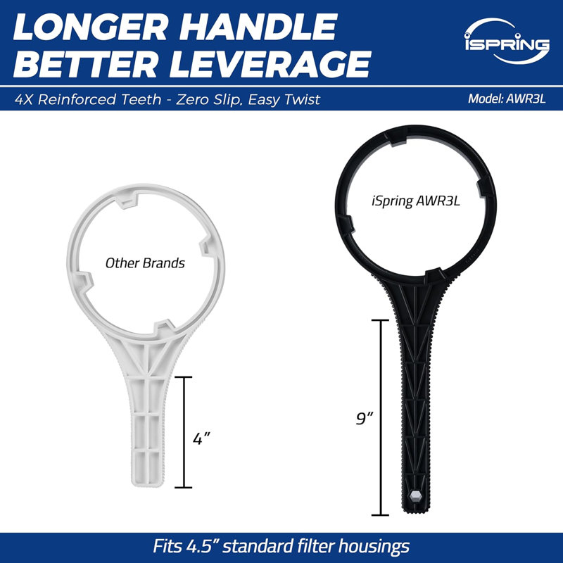 Clé de boîtier de filtre longue iSpring AWR3L pour filtres à eau de maison entière de 4,5 po - Outil à clé durable, conception à prise facile à dévisser, noir