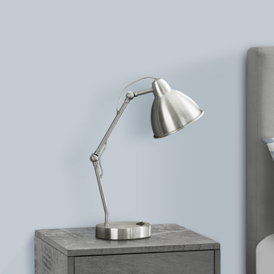 H 17 po, lampe de table, port USB inclus, nickel métallique, abat-jour en nickel, moderne, éclairage, lampe de table