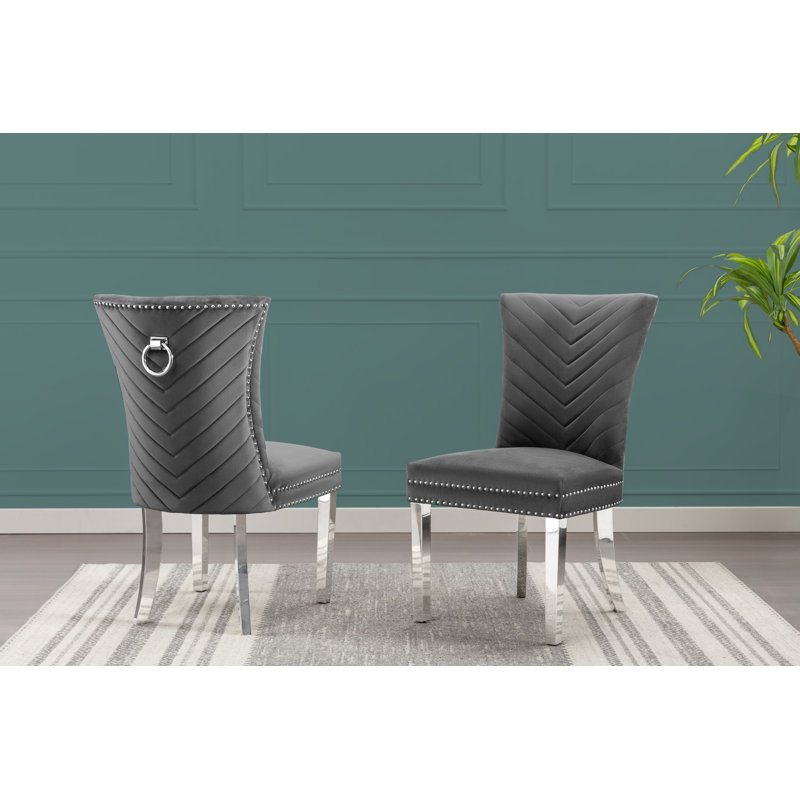 19'' H Velvet Upholstered Metal Side Chair, Dark Gray, Silver