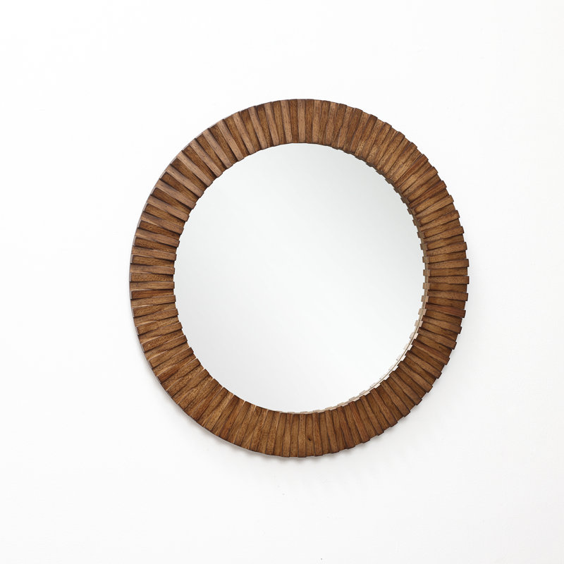 Rustic Oak Wood Textured Round Wall Mirror, 29” Decorative Home Accent