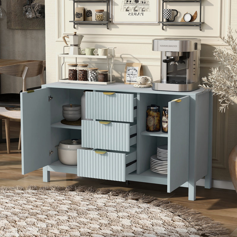 Buffet à motif ondulé - 3 tablettes réglables, 3 tiroirs et portes à fermeture en douceur, console de rangement avec poignées en métal, convient pour le bureau, le couloir et le salon, 3 couleurs