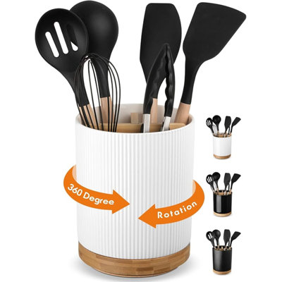 3 Compartment Utensil Holder, Extra Large Utensil Crock, Stable Ceramic Utensil Organizer, Cooking Tool Organizer Set For Kitchen Counter Farmhouse Decor (A-White(Vertical Stripe))