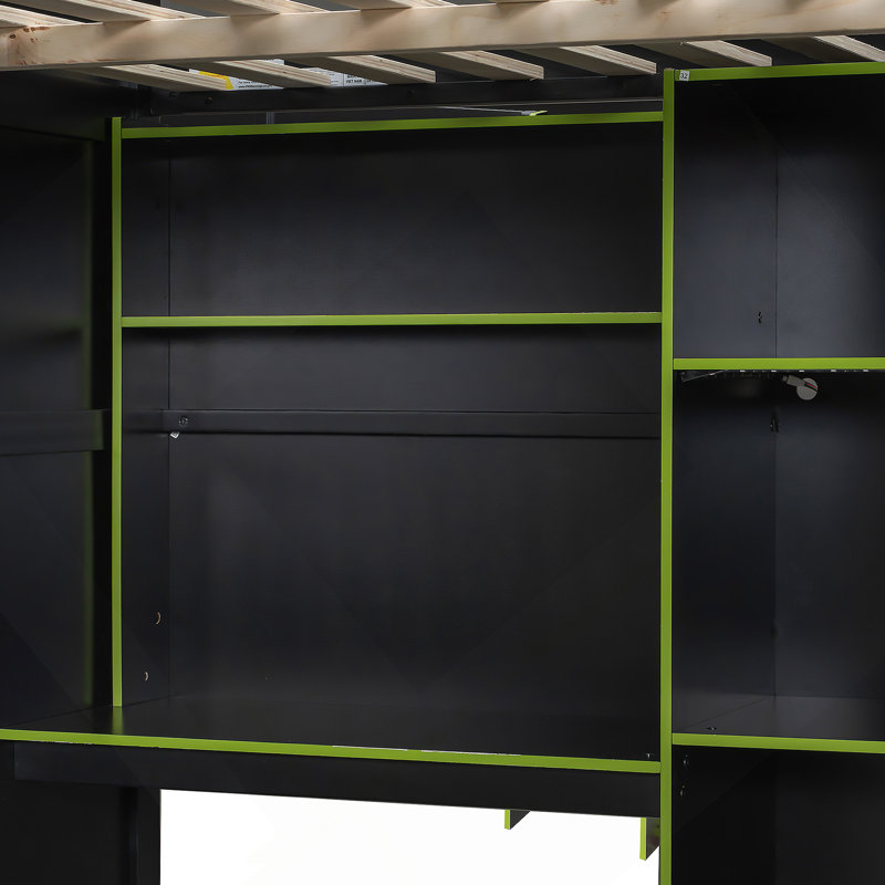 Lit mezzanine double en bois avec bureau, garde-robe ouverte, compartiments de rangement et lumières RVB, vert, Green