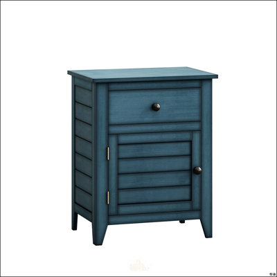 Table de chevet transitionnelle antique en placage bleu avec tiroir de rangement et armoire, parfaite pour les espaces compacts