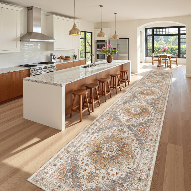 Malila Machine Washable Non-Slip Area Rug, Orange/Gray, Runner 2'6" x 14'
