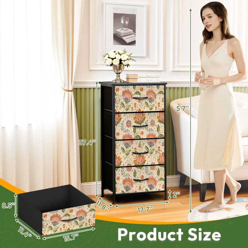 Commode de rangement verticale à 4 tiroirs à motif floral sans couture à la main avec tiroirs en bois