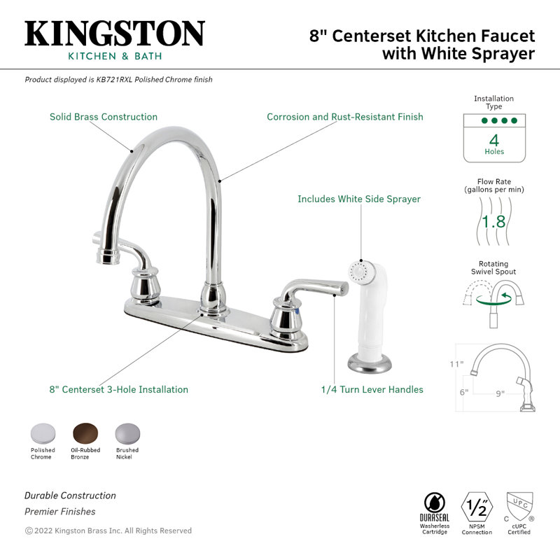 Kingston Brass Restoration Two-Handle 8" Centerset Kitchen Faucet, With Side Spray, Polished Chrome/White