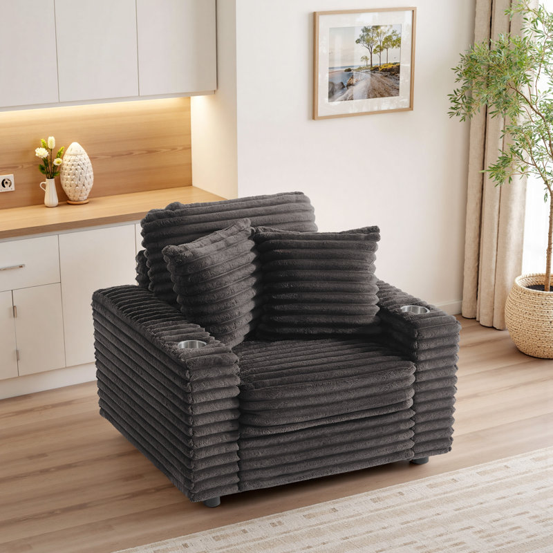 Ermia 96Cm Wide Cotton Flannel Armchair with Two Cup Holders, Chocolate