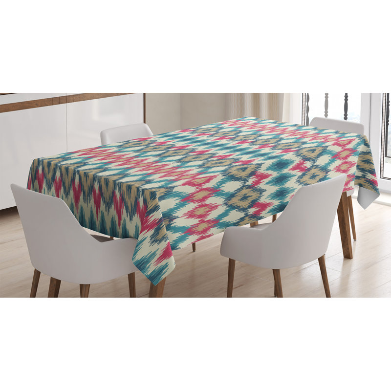 Ambesonne Ikat Tablecloth, Style Tied Knotted Triangle Handmade Effect Traditional Boho Design, Rectangular Table Cover For Dining Room Kitchen Decor, 52" X 70", Cream Red Teal