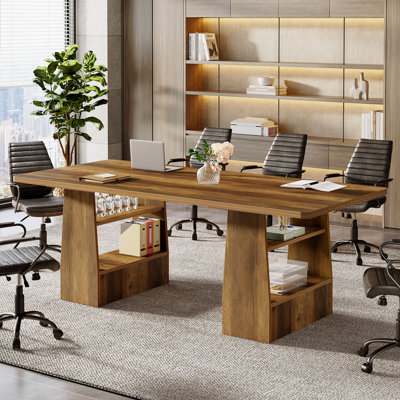 63 inch Conference Table with 4 Shelves, Rectangular Meeting Table for Office, Large Sturdy Business Desk, Seminar Table for 6-8 People