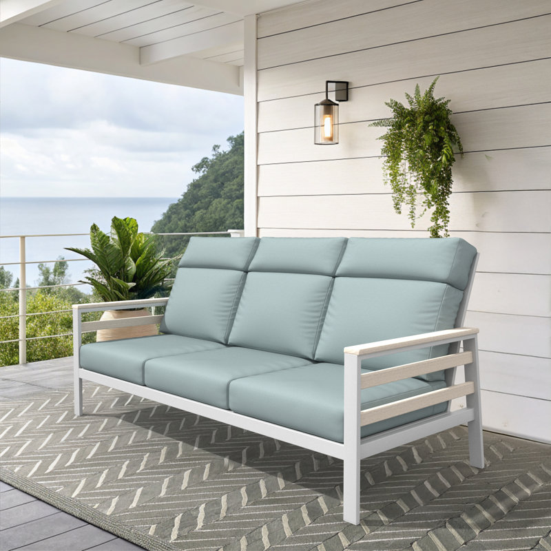 Townsend Metal Outdoor Sofa With Sunbrella Cushion, Bliss Dew, White