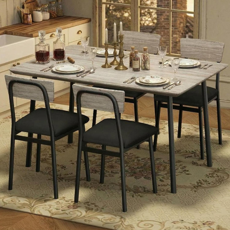 Ensemble de table de salle à manger rustique gris pour 4 avec 4 chaises rembourrées - table de cuisine en bois à bords biseautés, structure en métal robuste pour petits espaces et appartements