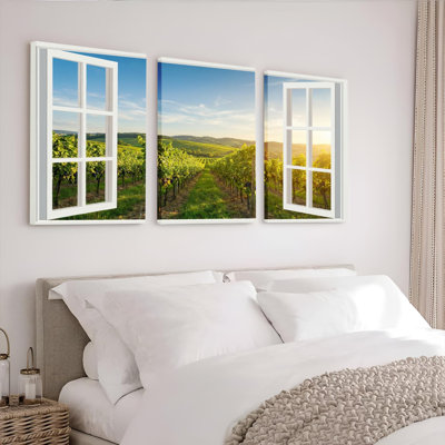 Ensemble de 3 toiles murales représentant un paysage de vignoble avec vue sur la fenêtre, pour la décoration du salon, de la chambre et de la maison.