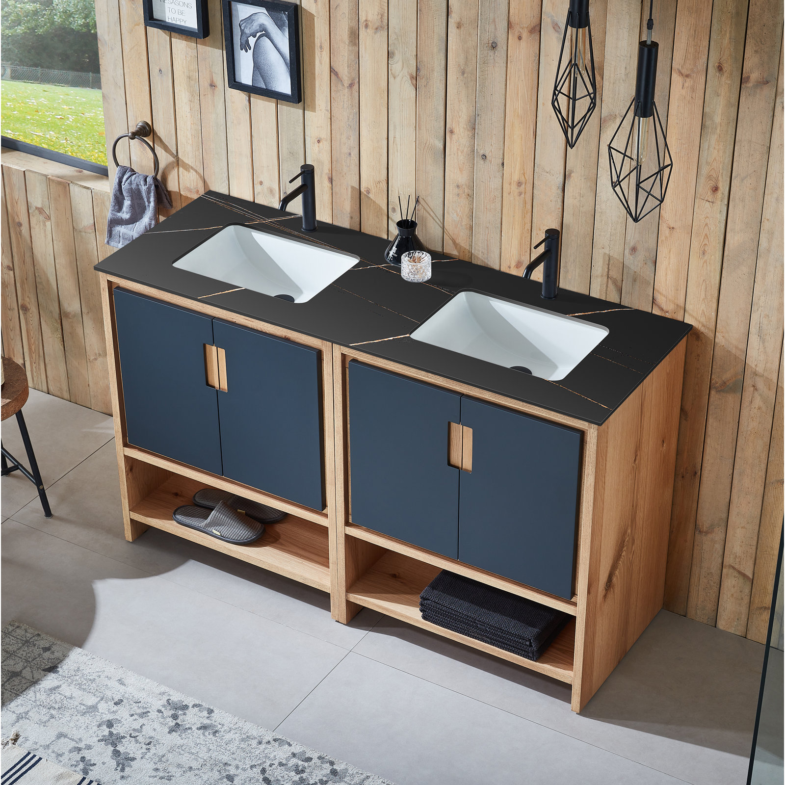 Tomesia 60" Double Bathroom Vanity, Black of Night/Maple, Black