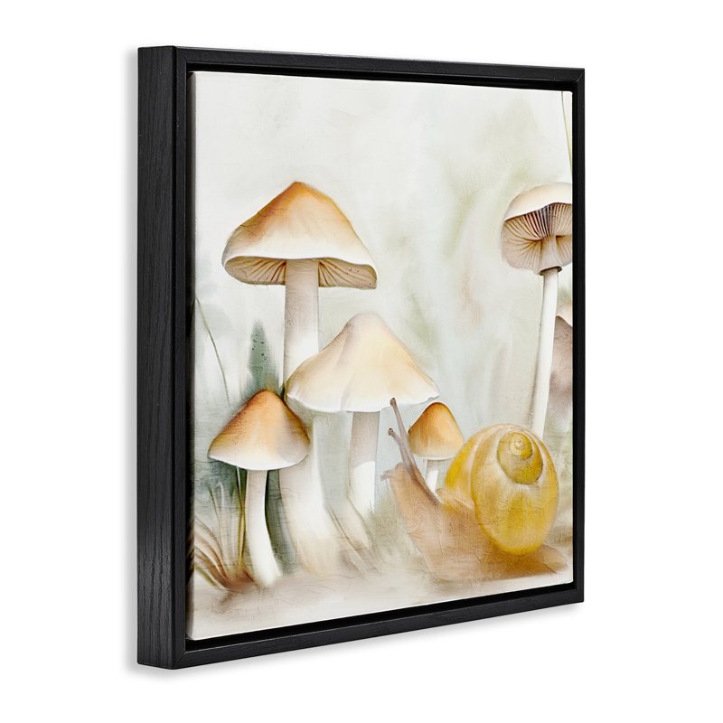 "Snail & Natural Mushroom", art mural sur toile flottante par Kim Allen, H 18 po x l 18 po, Cadre flottant noir de jais