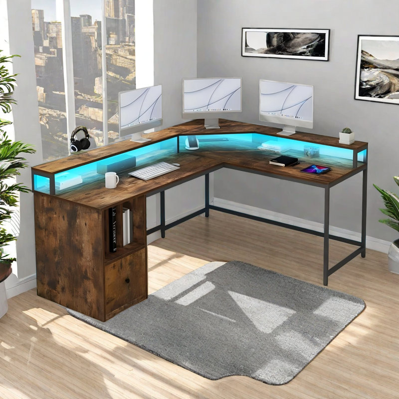 Monge 67'' L-Shape Wood Desk Computer Table with LED Light & Power Outlets, Brown/Black