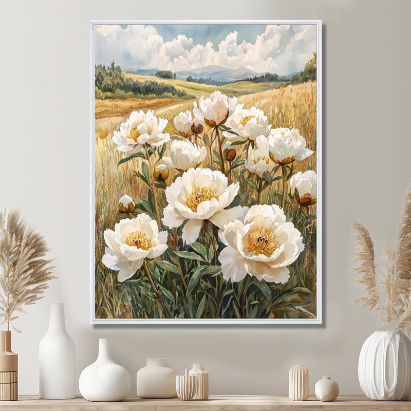 Pivoines le long de la campagne I - décoration murale pivoines, H 40 po x l 30 po, Reproduction avec cadre flottant, Blanc