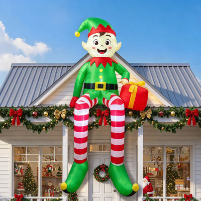 Décoration de Noël gonflable d'extérieur, Elfe assis avec sac-cadeau, Décoration de Noël éclairée à DEL pour les pelouses, les cours, les jardins et les fêtes