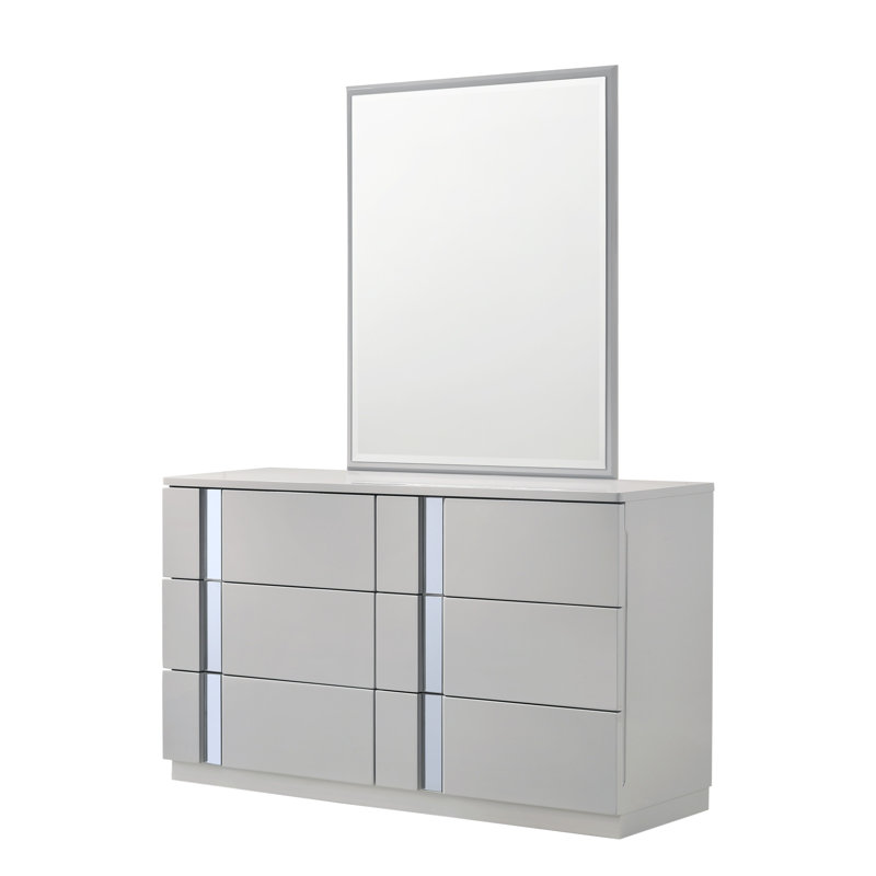 Commode double à 6 tiroirs avec miroir 55 po Augie, Gris