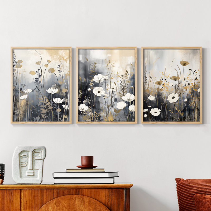 Étude florale série Cxxxxi - ensemble de 3 estampes giclées encadrées - prêt à, Encadré naturel, H 14 po x l 11 po