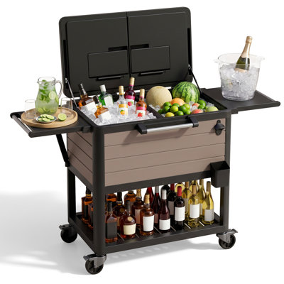 104 Quart Rolling Cooler Cart, Portable Outdoor Ice Chest with Lockable Wheels, Heavy-Duty Insulated Beverage Cooler for Party, Camping, Tailgate, Patio,Brown