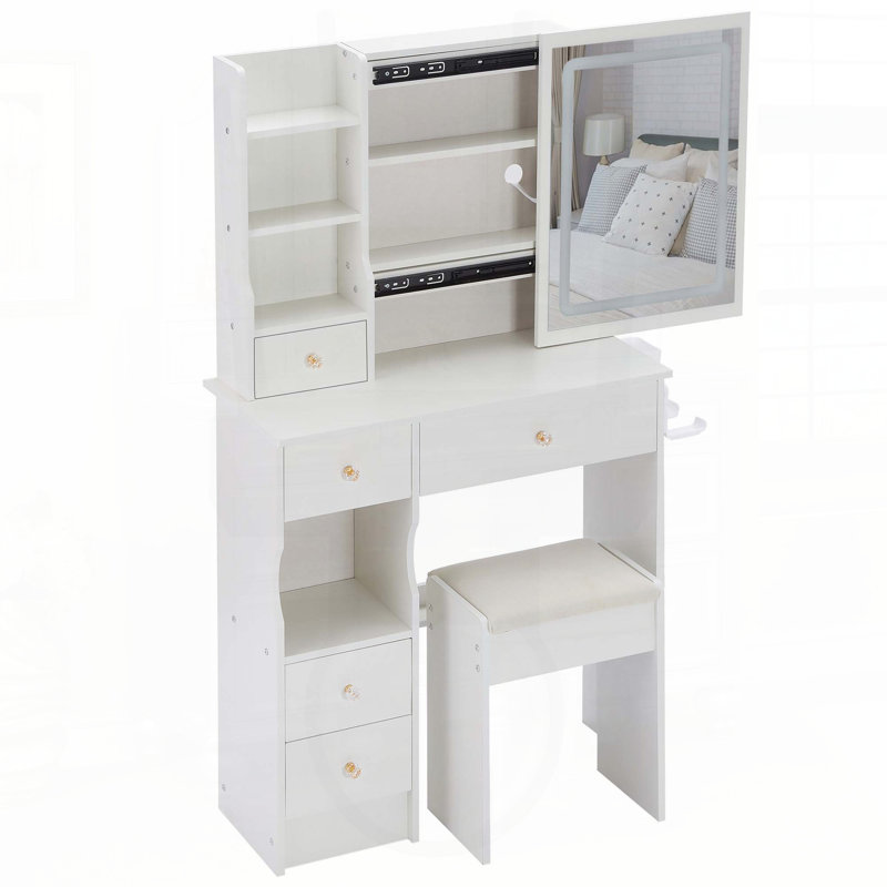 Ensemble de meuble-lavabo de luxe avec miroir DEL, centrale électrique et support pour sèche-cheveux, White