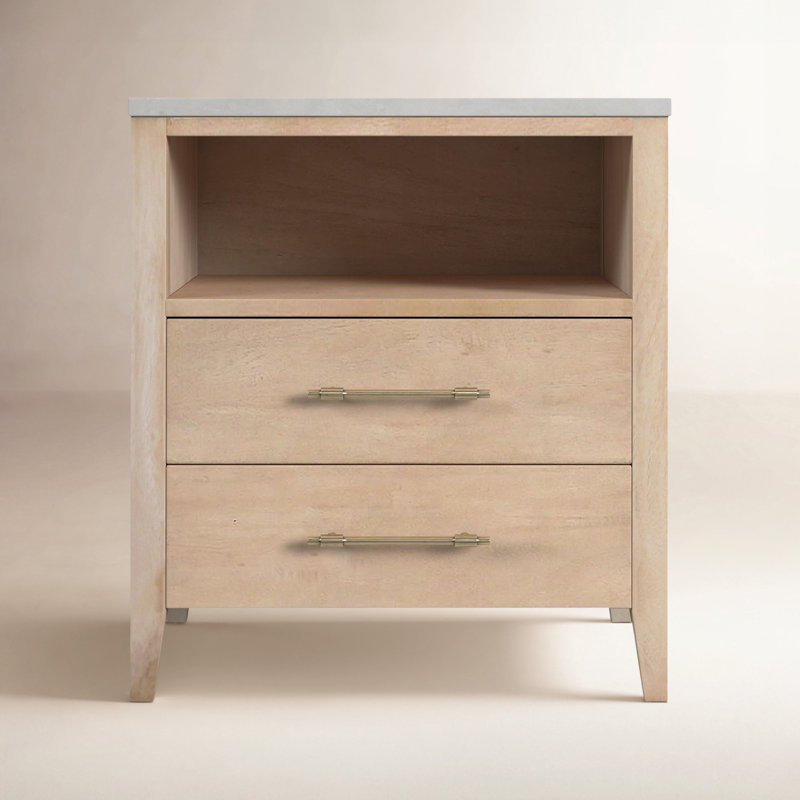 Mayfair 2 Drawer Wood and Marble Nightstand, Natural/Ivory