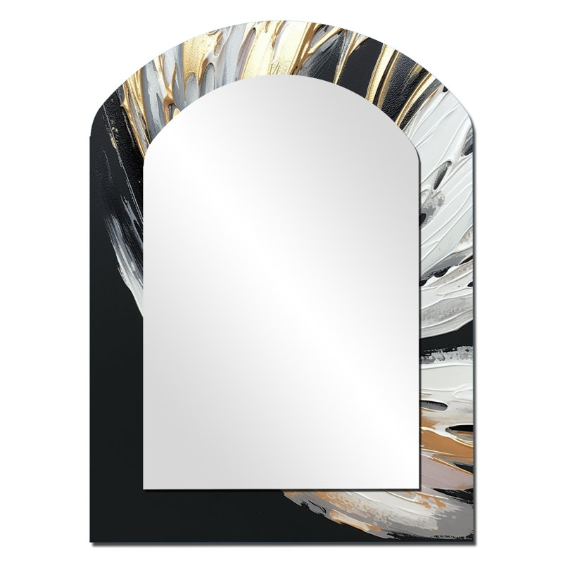 Golden River Wildness abstrait doré et noir I - peinture abstraite grand miroir mural asymétrique, miroir moderne arche unique, impression d'art en métal
