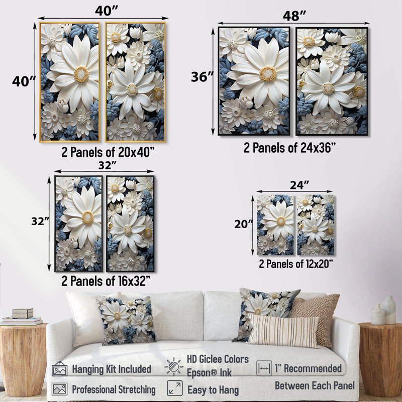 «White Daisy Meadow Elegance I», art mural blanc, Noir, H 36 po x l 48 po, Impression encadrée flottante