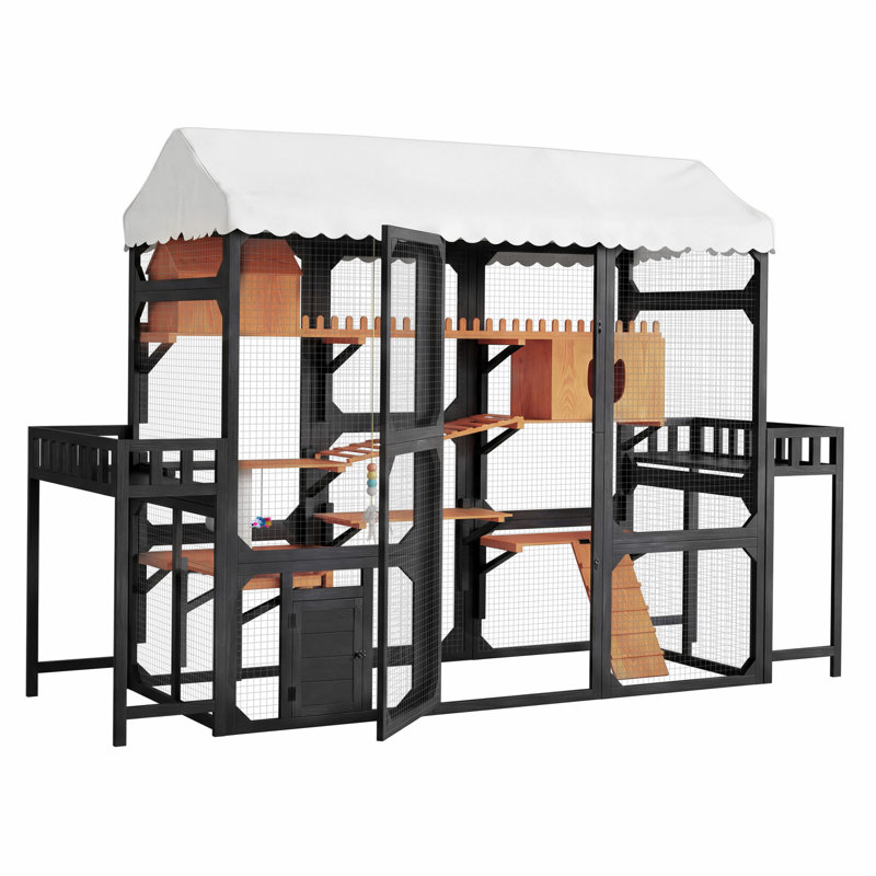 Grande cage d'extérieur en bois pour chat avec 2 supports à plantes, Noir