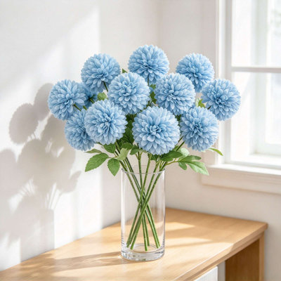 12 Pack Artificial Pom Pom Chrysanthemum Flowers Faux Allium Silk Flower Stems with Green Leaves, Fake Round Ball Flower for Vase, Wedding Table Centerpiece & Home Decor