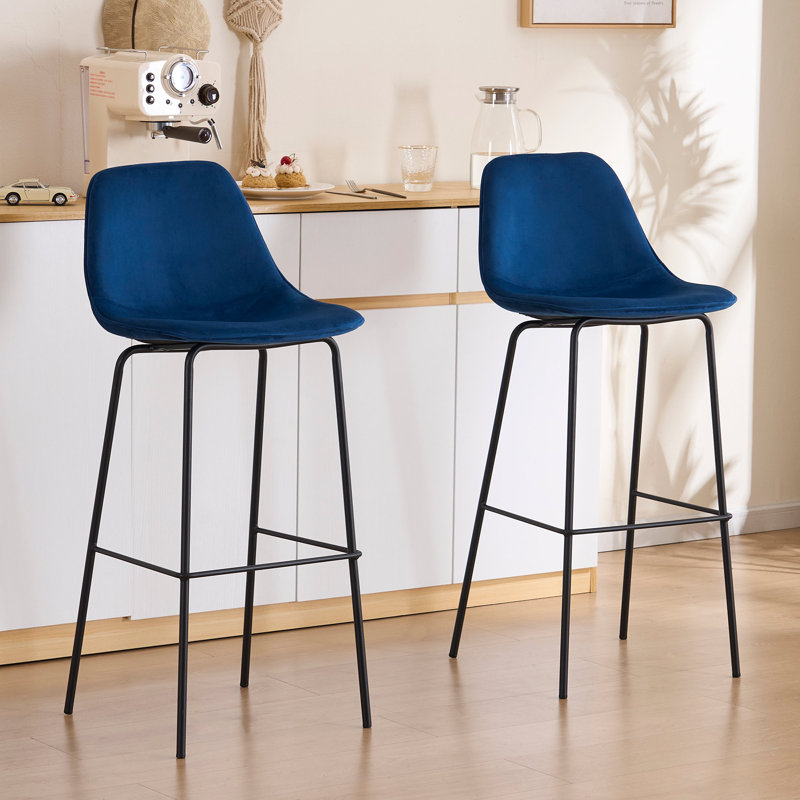 Hauteur de comptoir moderne Kavi avec coussin rembourré et pieds en métal, Velours bleu