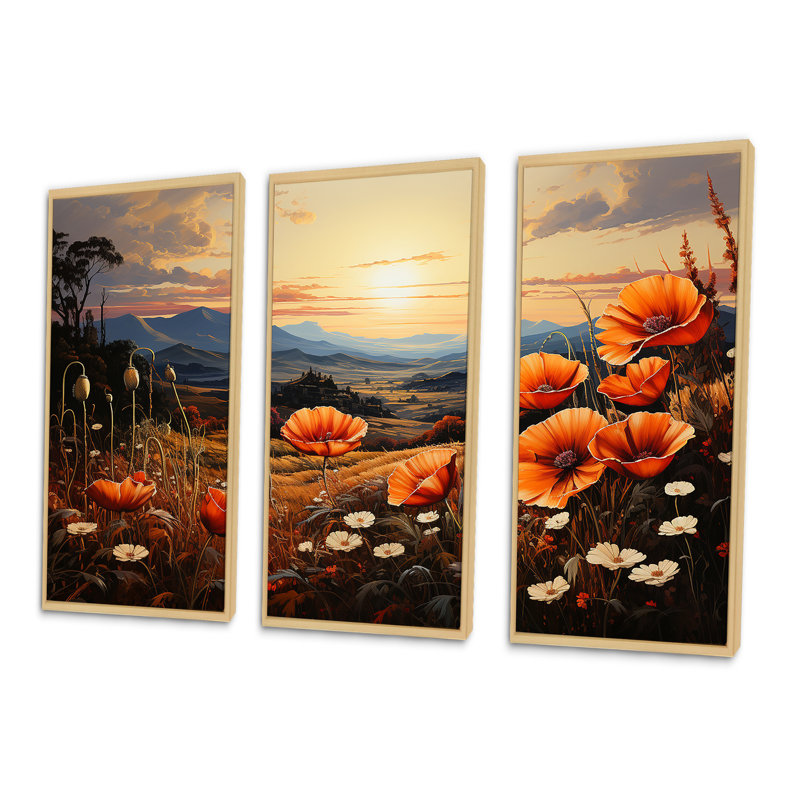 Orange Crimson Floweret Garden Serenade - ensemble d'art mural sur toile fleur, Cadre naturel flottant