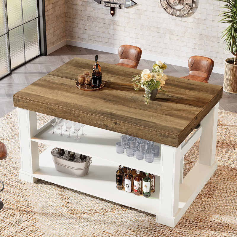Kitchen Island With Storage Shelves, 55 Inch Kitchen Shelf With Large Worktop, Stable Wooden Structure, Farmhouse Style