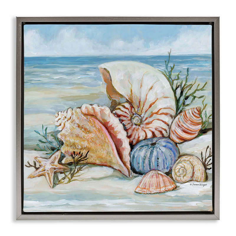 «Shells On The Beach Floater», art mural par Susan Winget, H 25 po x l 25 po, Cadre flottant gris lustré