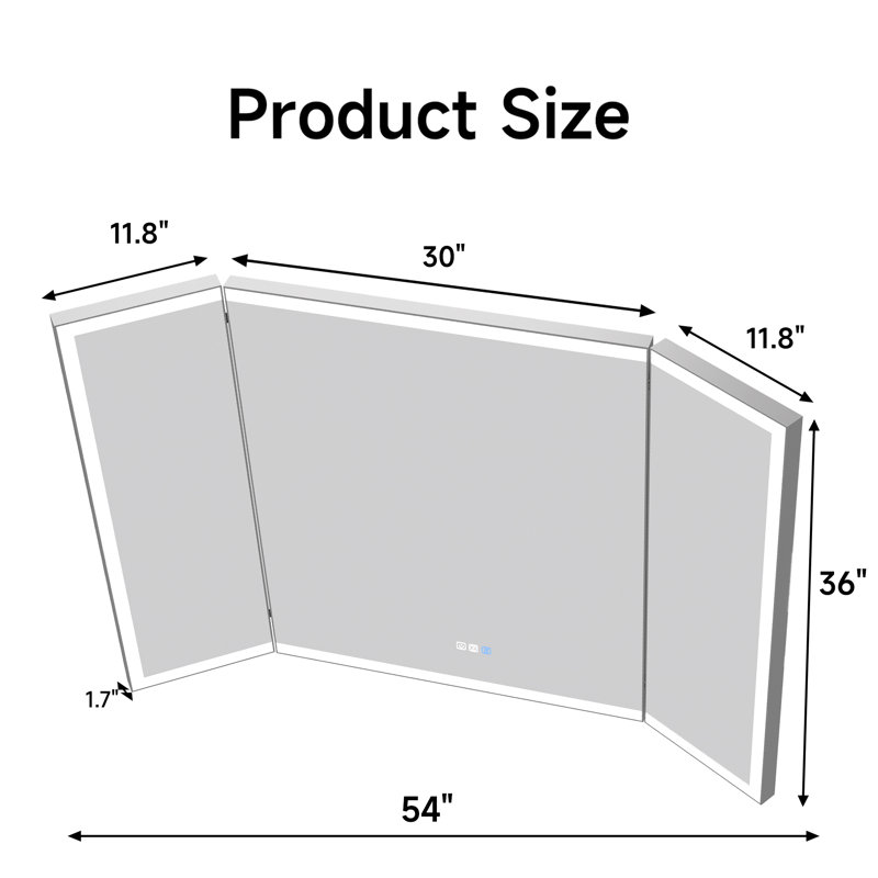 Tri-Fold Wall Mirror with Backlit, Front-lighted, Removable 10x Magnifying Mirror, Dimmer, Defogger, 36" x 54"