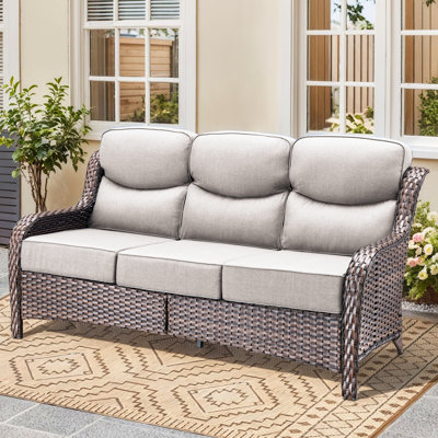 Wicker Patio Couch, Outdoor 3-Seat Sofa, All Weather PE Rattan, Deep Seating Deck Furniture Set With 6" Seat Cushions